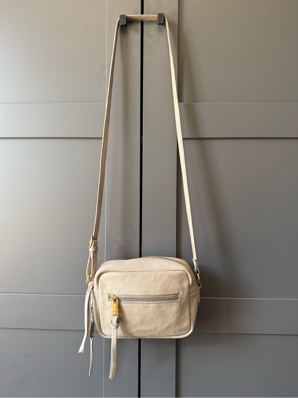 Margot New York gray leather crossbody/shoulder bag. 8x6x2.75 EUC